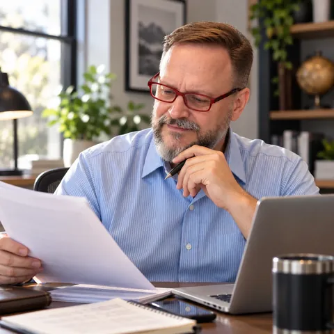 Dale Treece at his desk reviewing a printed document, with a laptop open beside him